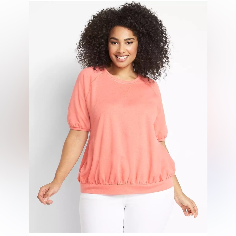 NWT Lane Bryant Puff Sleeve Open Crew Neck Women's Coral Top 22/24